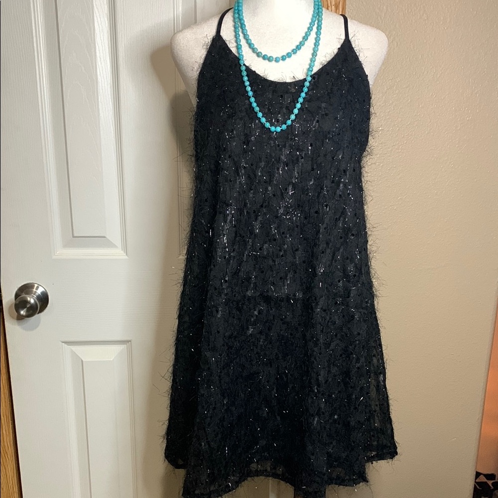 BLACK Sequin Spaghetti Strap Criss Cross Fit and Flare Mini Dress Size Small - Picture 2 of 5